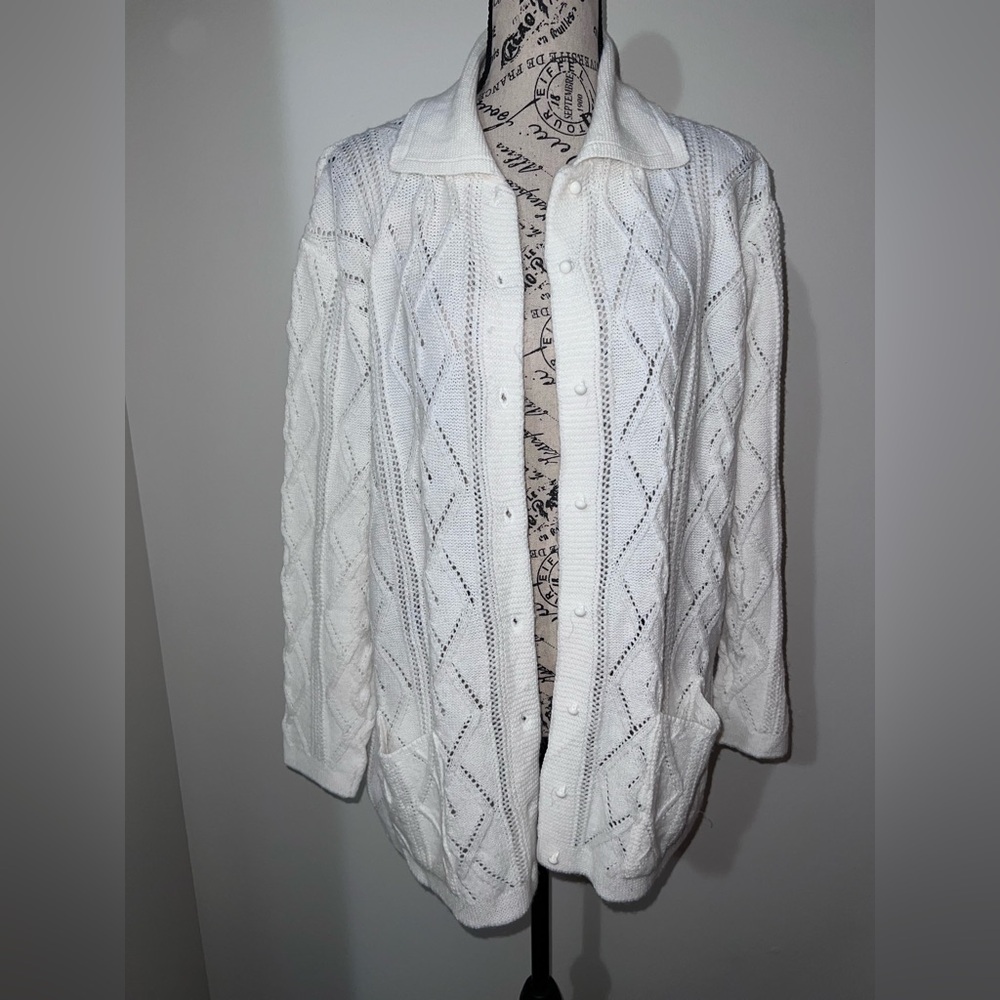 Vintage College Point Cream Cable Knit Cardigan Sweater Made in USA 3X